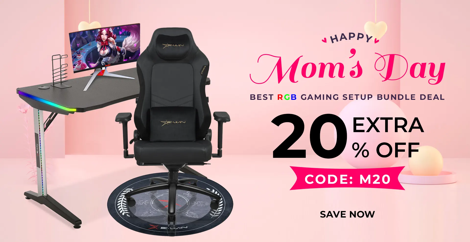 EwinRacing Champion Series Fabric Upgraded RevolutionaryGaming Chair and RGB Gaming Desk with Wireless Charger Bundle Setup