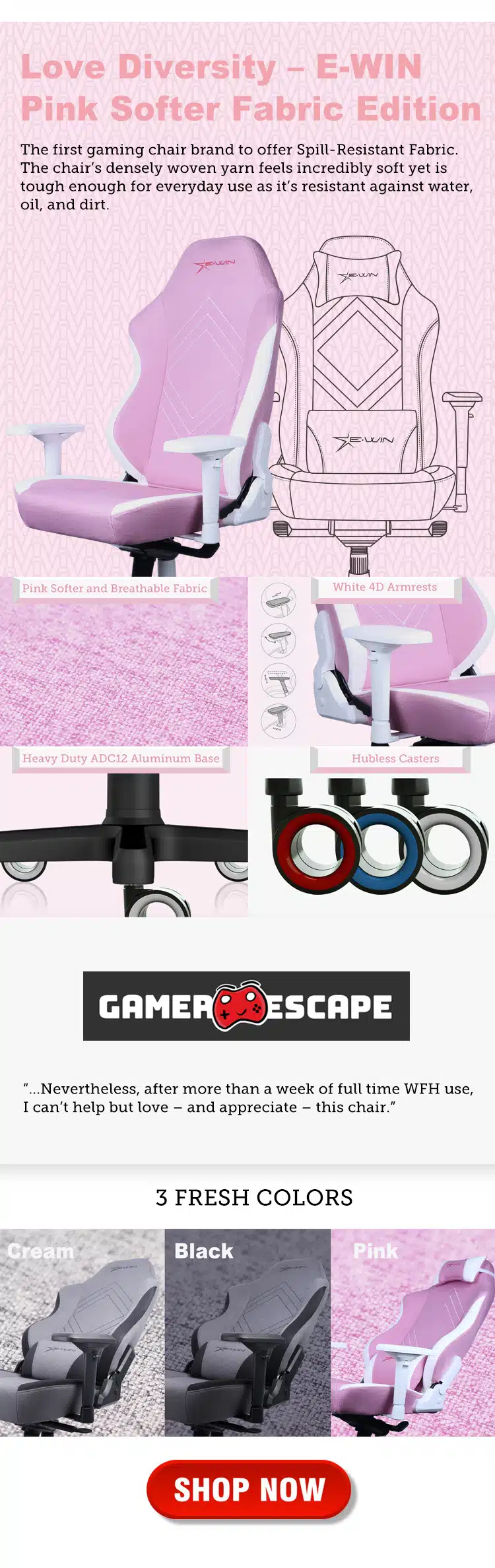 E-WIN Champion Series Pink Fabric Gaming Chair