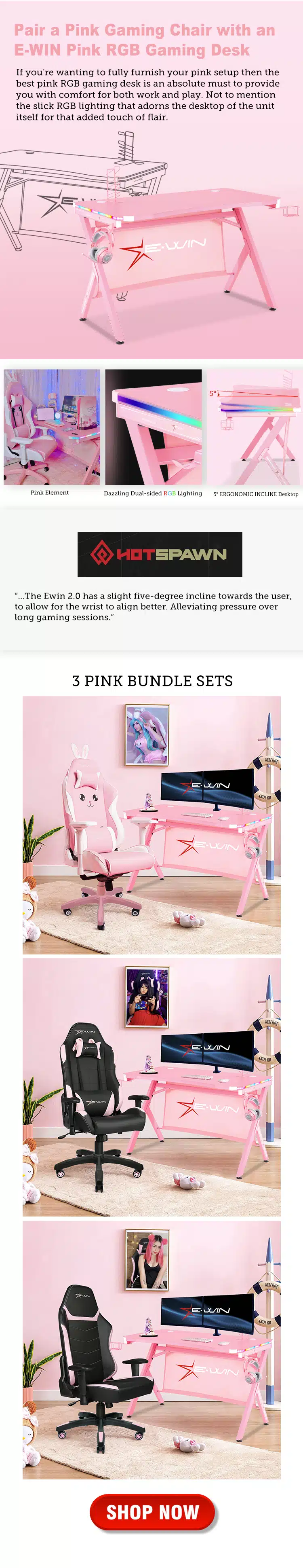 E-WIN Pink Gaming Chair and Pink Desk Setup